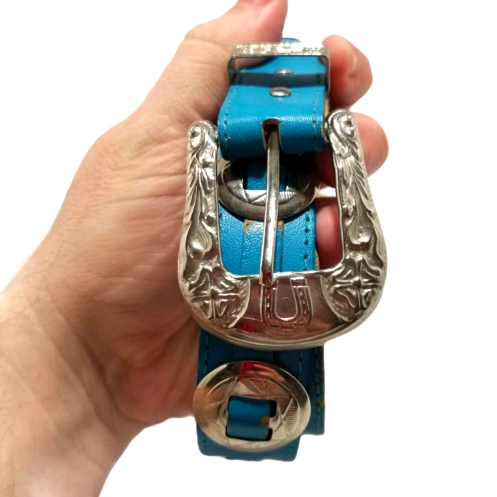 Western Teal Blue Leather Horseshoe Belt